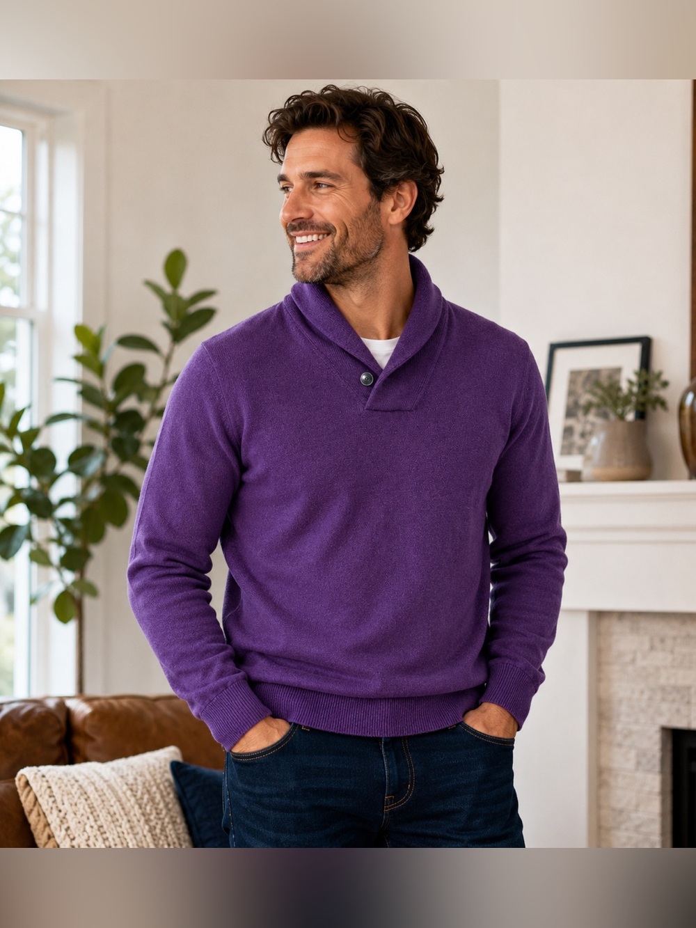 UNTUCKit Van Douzer Purple Shawl Collar Merino Wool Blend Sweater L